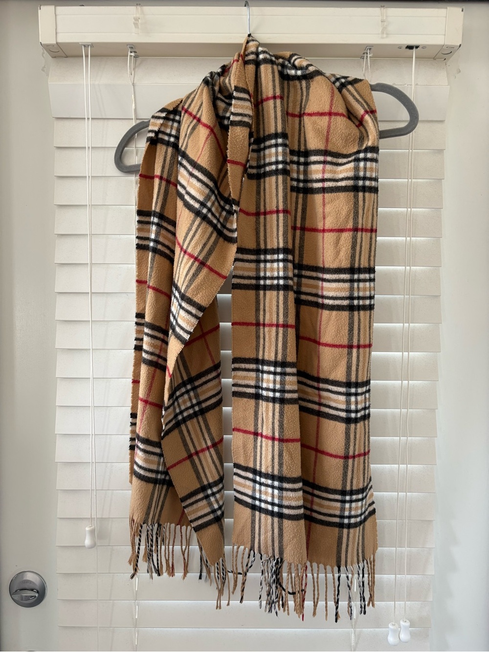 Tan Plaid Fringe Scarf with Black, White and Red Accents